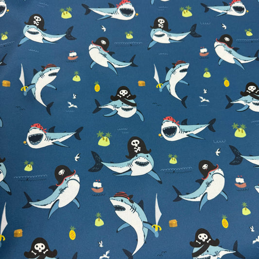 Pirate Sharks on 1 mil PUL Fabric
