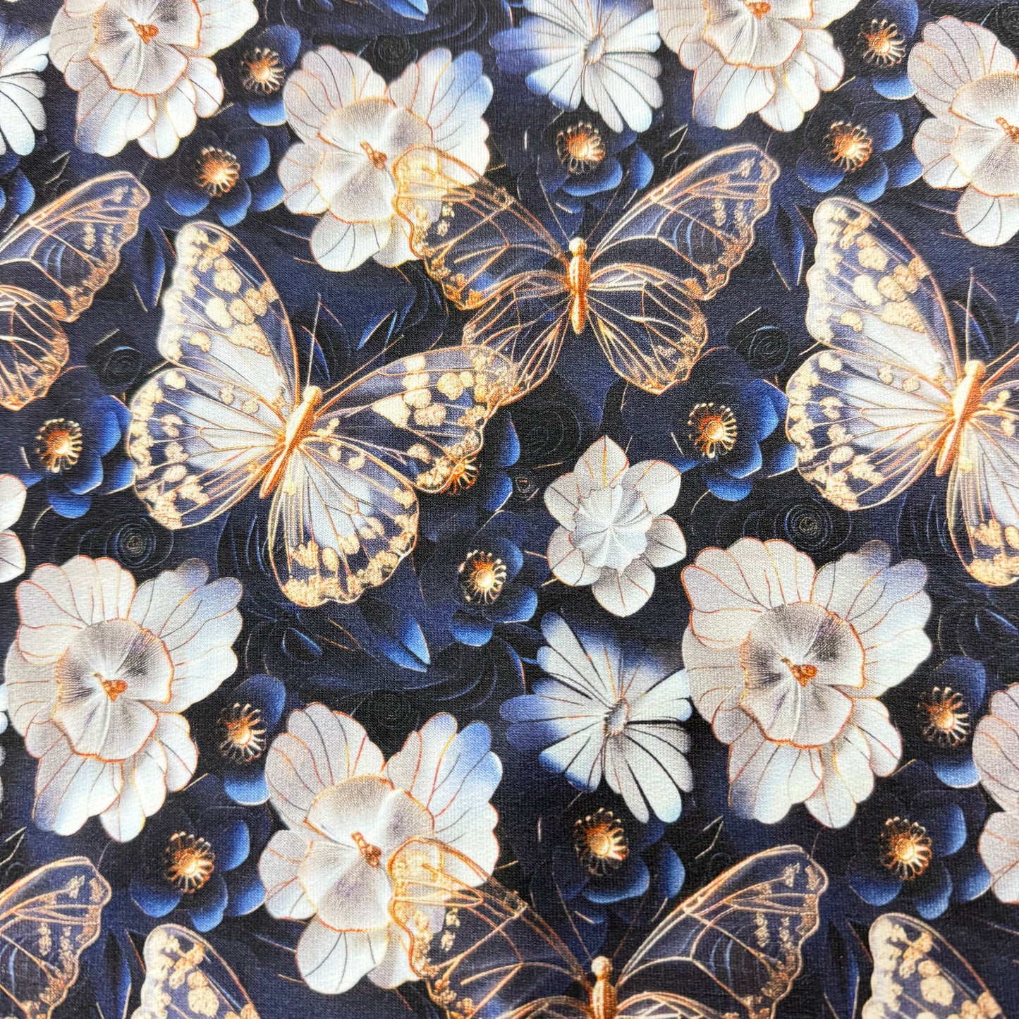 Gold Butterflies on Navy Organic Cotton Stretch French Terry Fabric