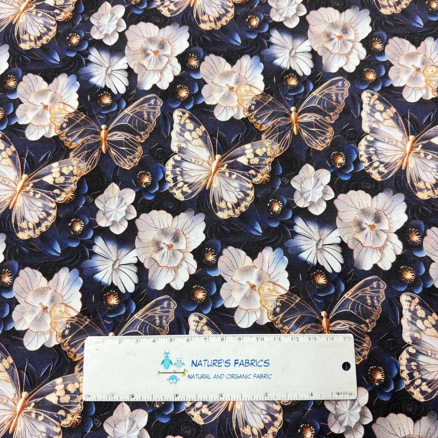 Gold Butterflies on Navy Organic Cotton Stretch French Terry Fabric