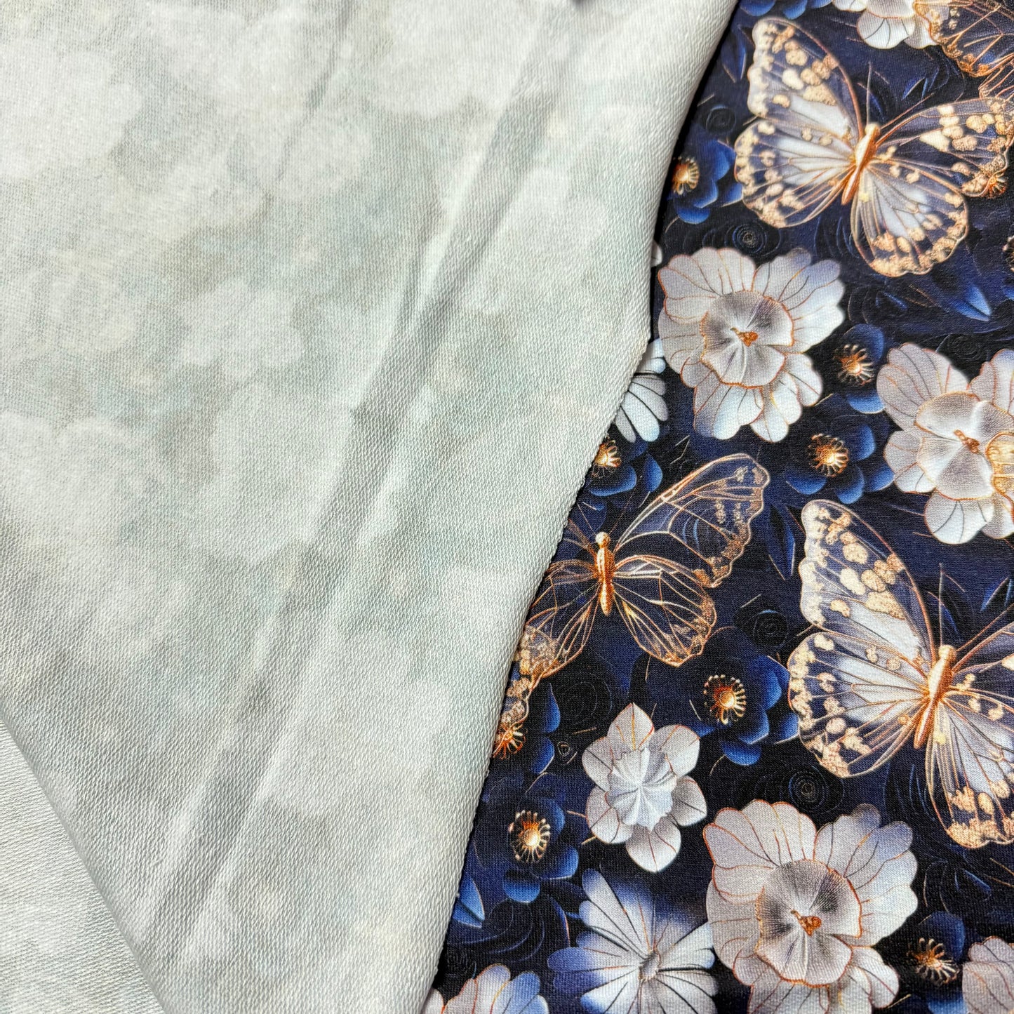 Gold Butterflies on Navy Organic Cotton Stretch French Terry Fabric