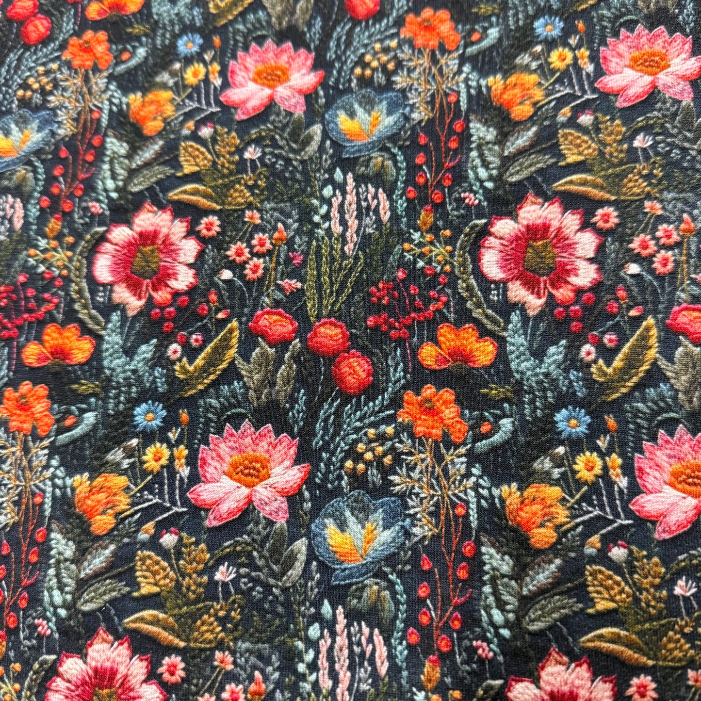 Embroidered Flower Garden on Organic Cotton Stretch French Terry Fabric