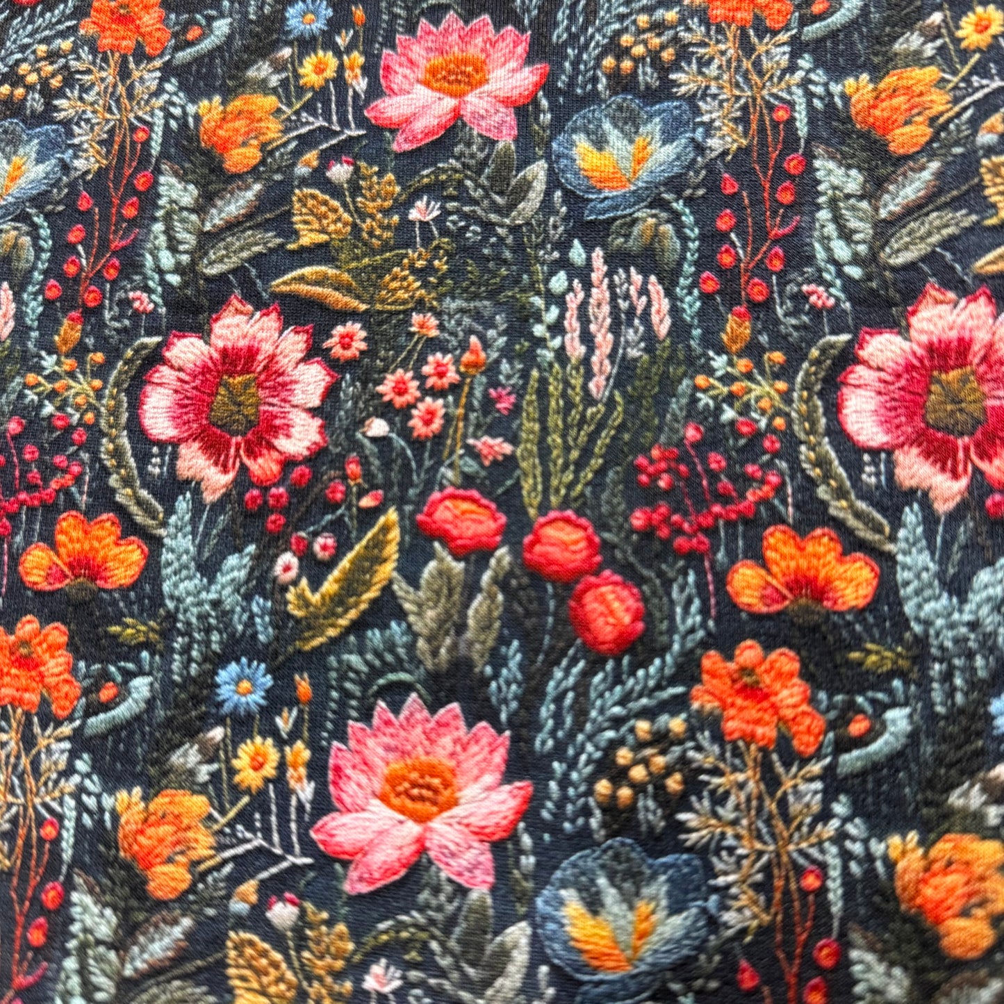 Embroidered Flower Garden on Organic Cotton Stretch French Terry Fabric