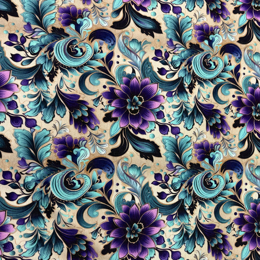 Purple and Aqua Floral on Cream Organic Cotton Stretch French Terry Fabric