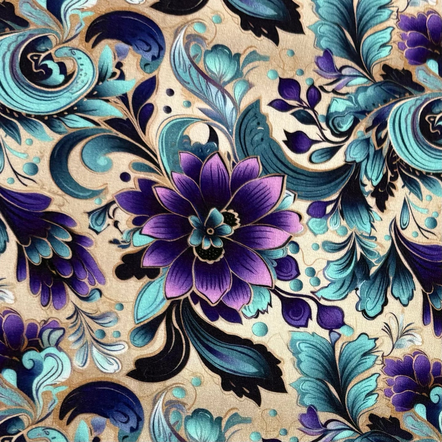 Purple and Aqua Floral on Cream Organic Cotton/Spandex Jersey Fabric