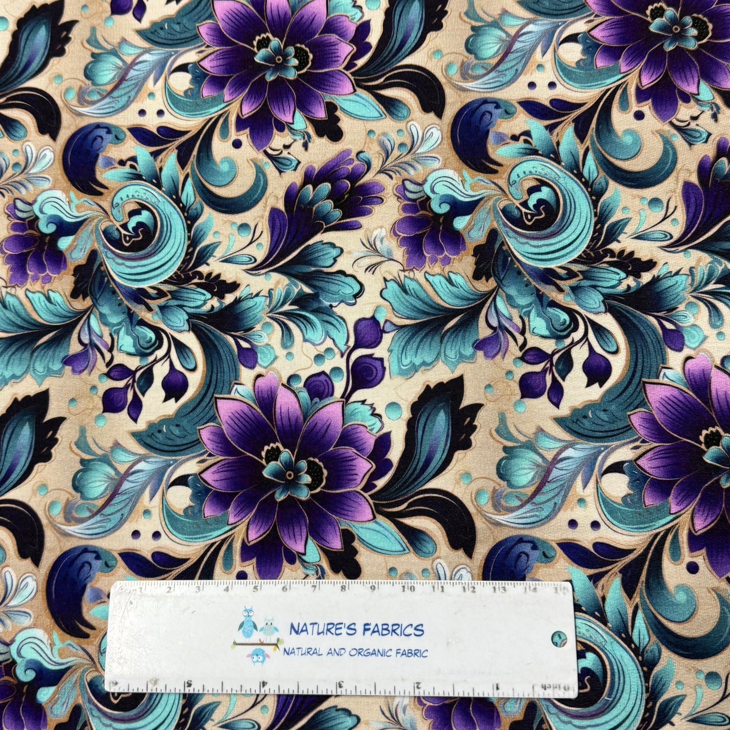 Purple and Aqua Floral on Cream Organic Cotton Stretch French Terry Fabric