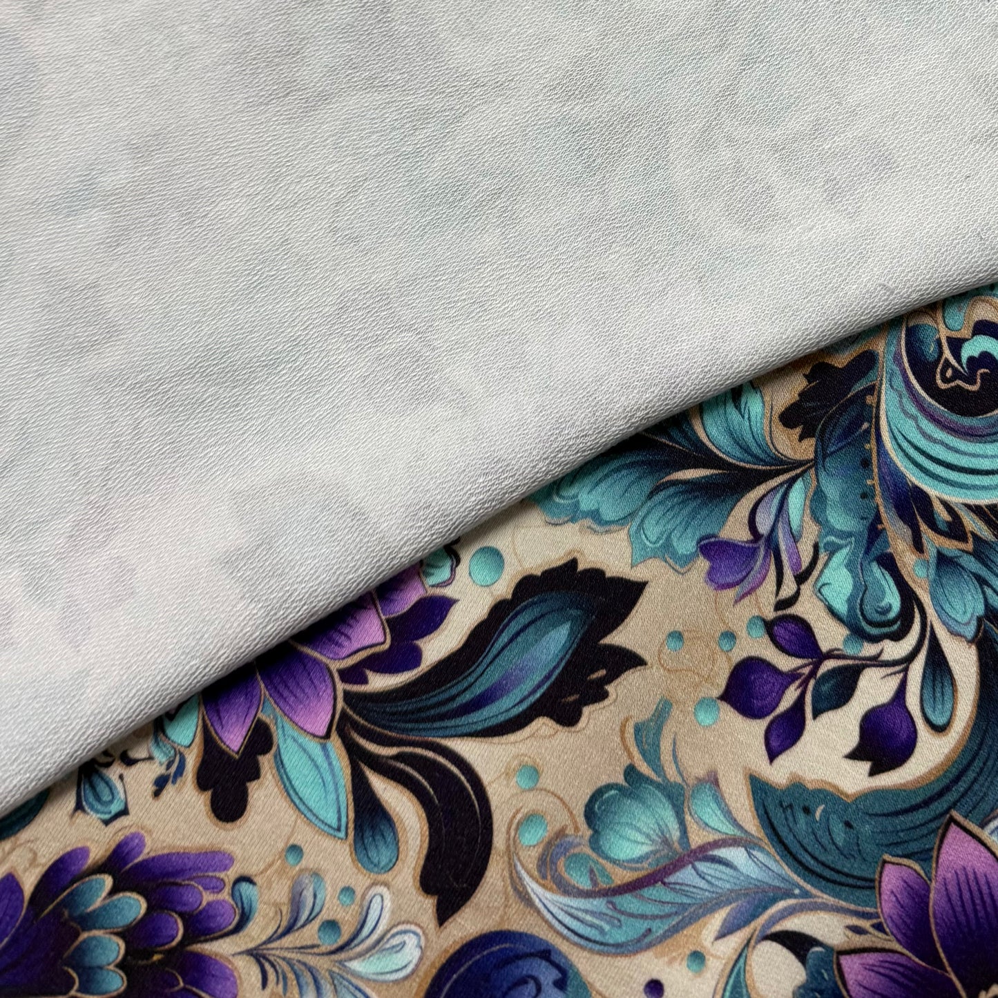 Purple and Aqua Floral on Cream Organic Cotton Stretch French Terry Fabric