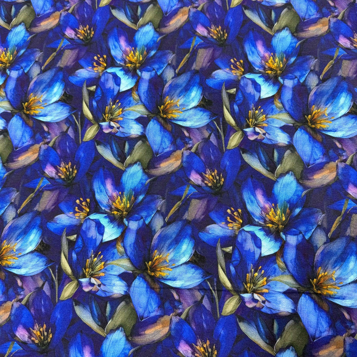 Sapphire Gentians on Bamboo/Spandex Jersey Fabrics