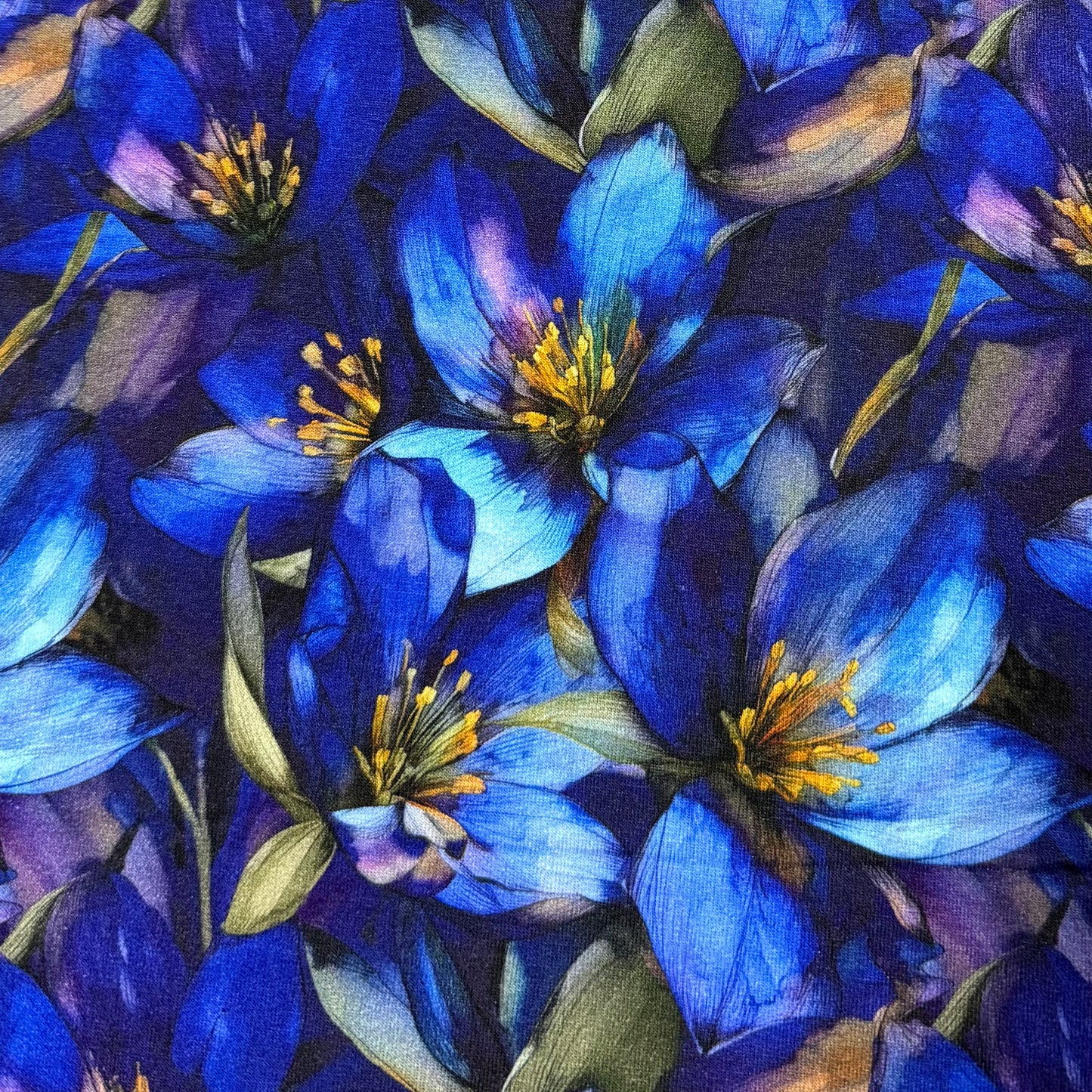 Sapphire Gentians on Organic Cotton Stretch French Terry Fabric