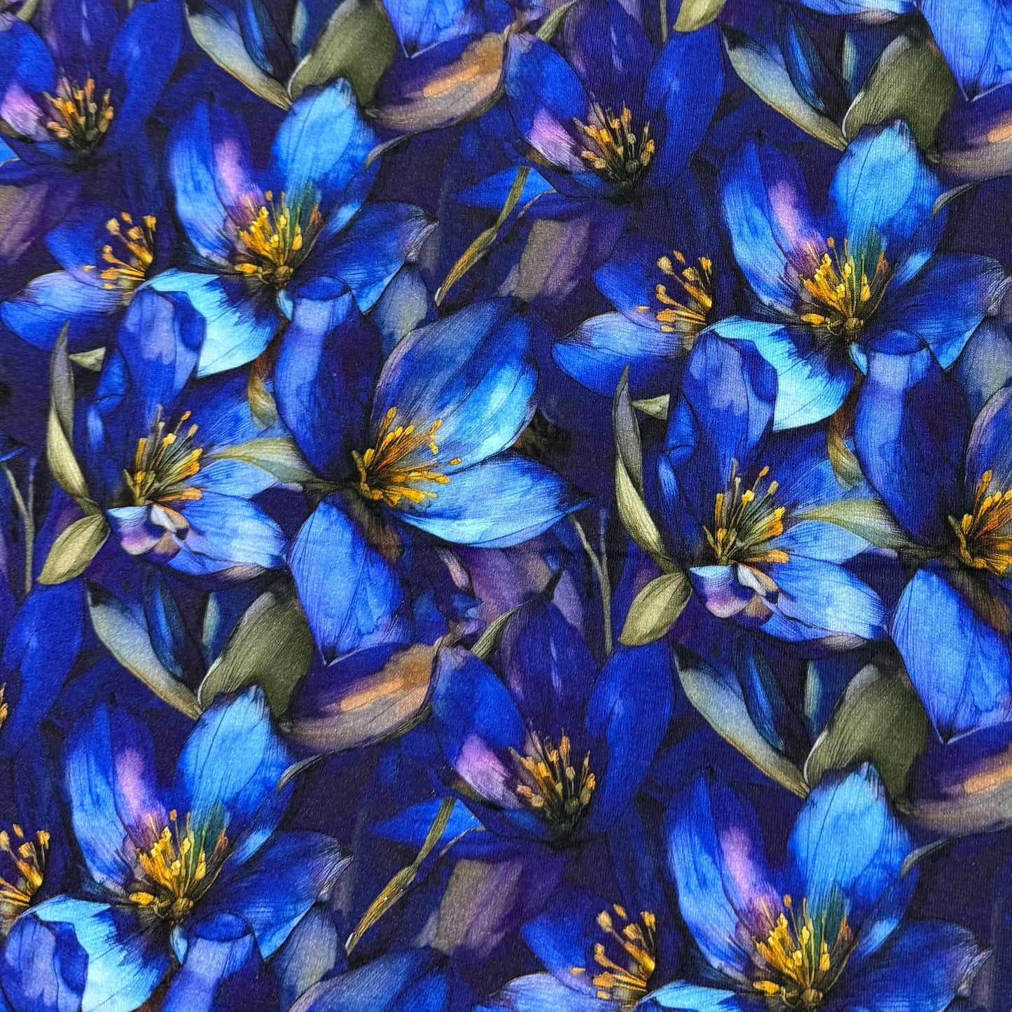 Sapphire Gentians on Organic Cotton Stretch French Terry Fabric