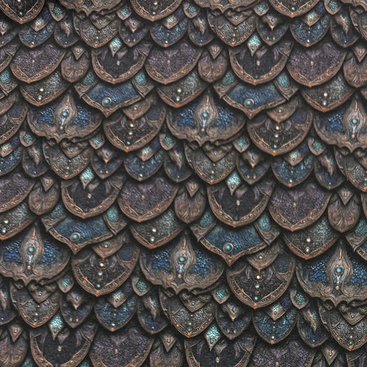 Teal Metal Scales on Bamboo Stretch French Terry Fabric