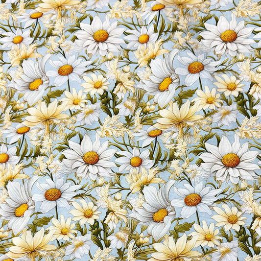 Daisies on Light Blue Organic Cotton Stretch French Terry Fabrics