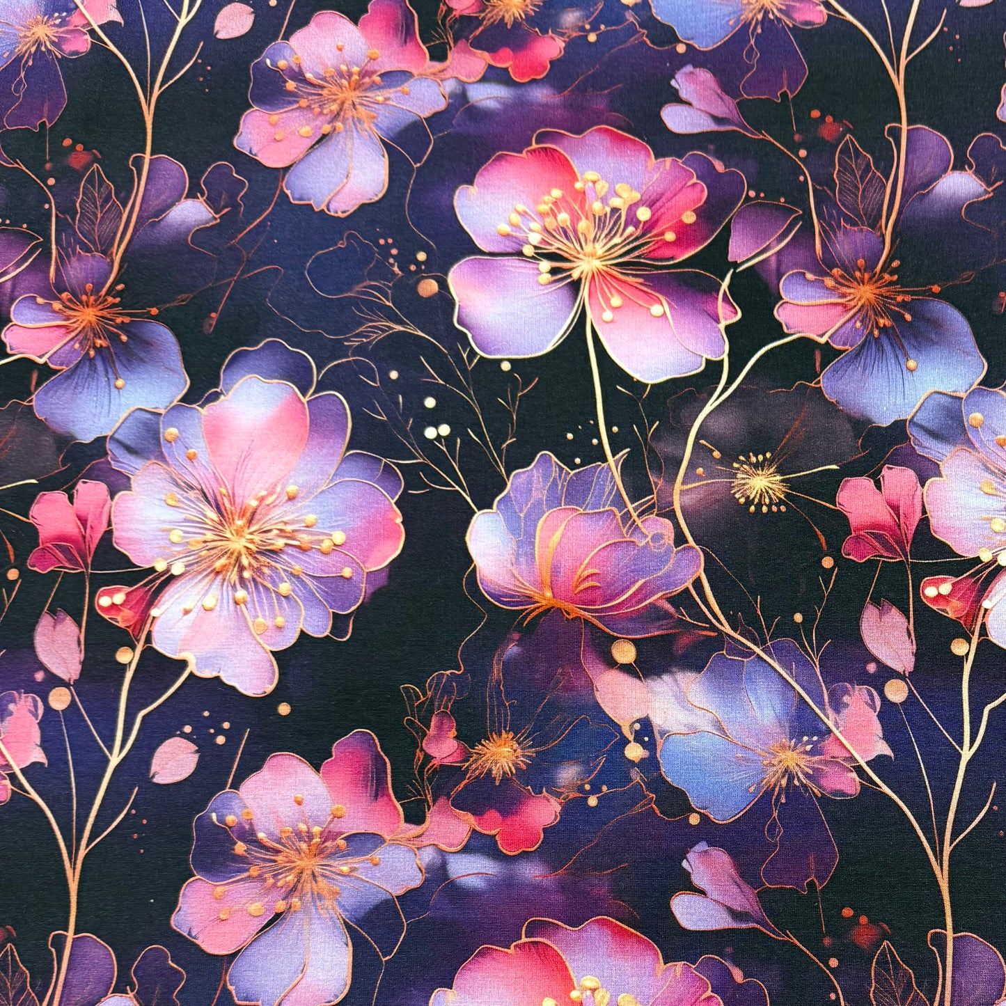 Pink, Lilac and Gold Accent Flowers on Organic Cotton Stretch French Terry Fabrics