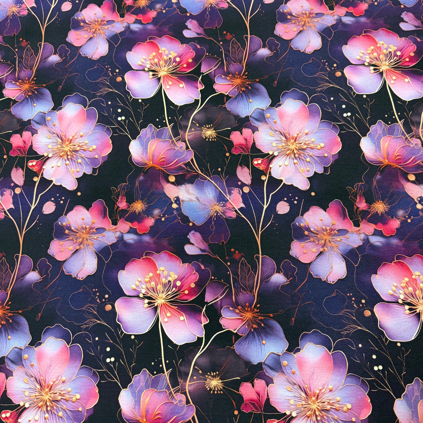 Pink, Lilac and Gold Accent Flowers on Organic Cotton Stretch French Terry Fabrics