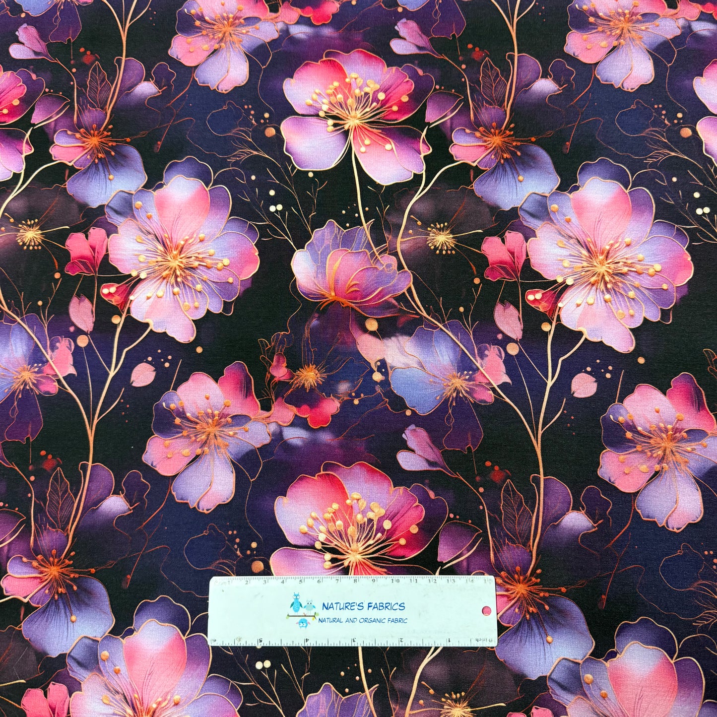 Pink, Lilac and Gold Accent Flowers on Organic Cotton Stretch French Terry Fabrics