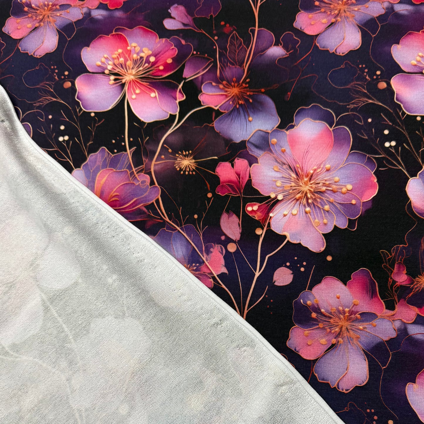 Pink, Lilac and Gold Accent Flowers on Organic Cotton Stretch French Terry Fabrics