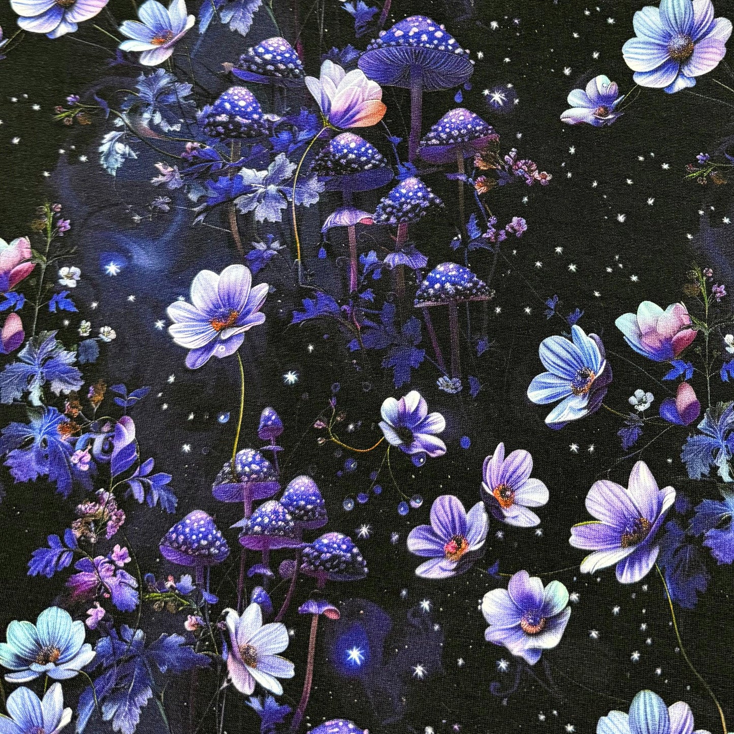 Purple Starry Mushroom Garden on Organic Cotton/Spandex Jersey Fabric