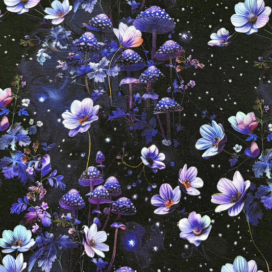 Purple Starry Mushroom Garden on Organic Cotton/Spandex Jersey Fabric