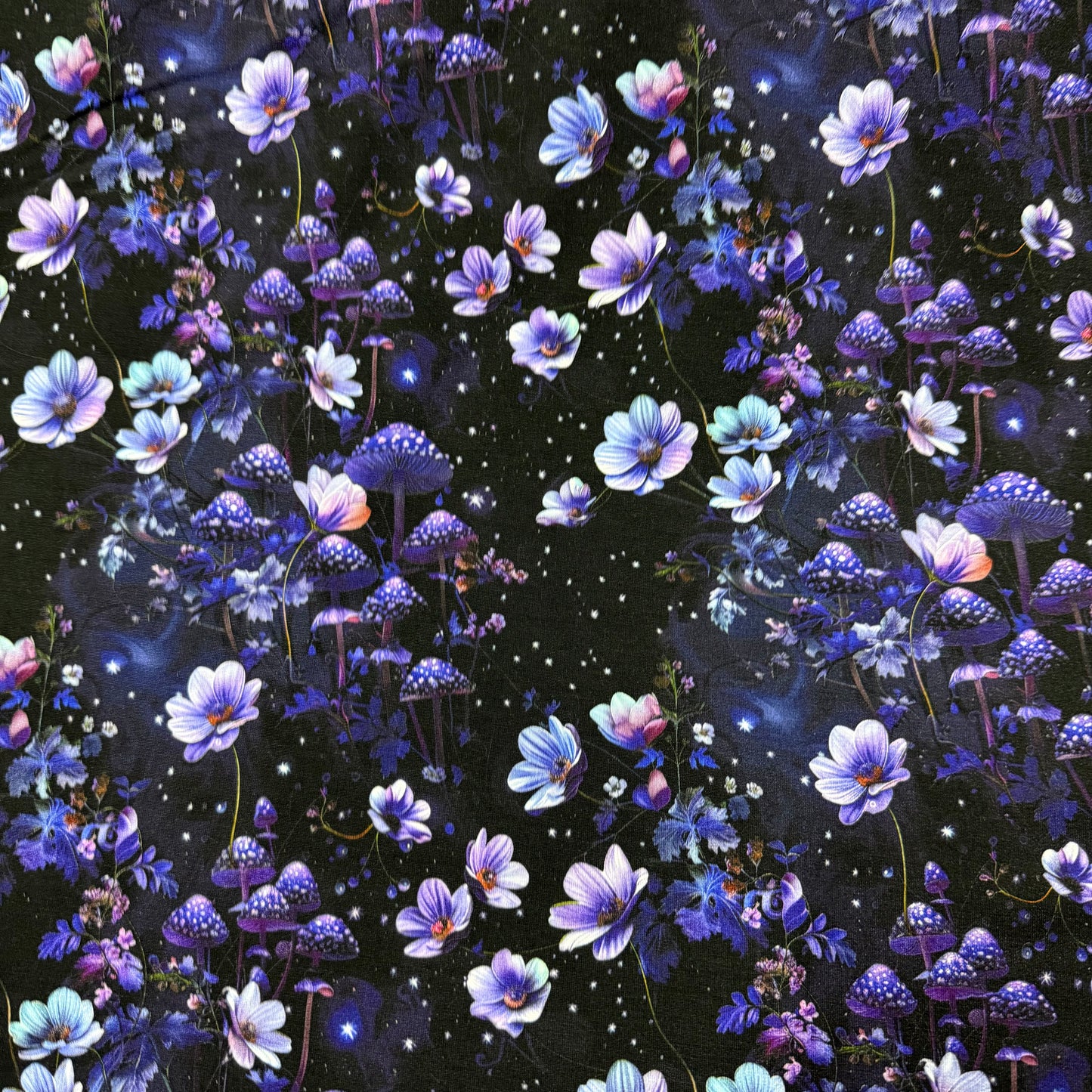 Purple Starry Mushroom Garden on Organic Cotton Stretch French Terry Fabrics