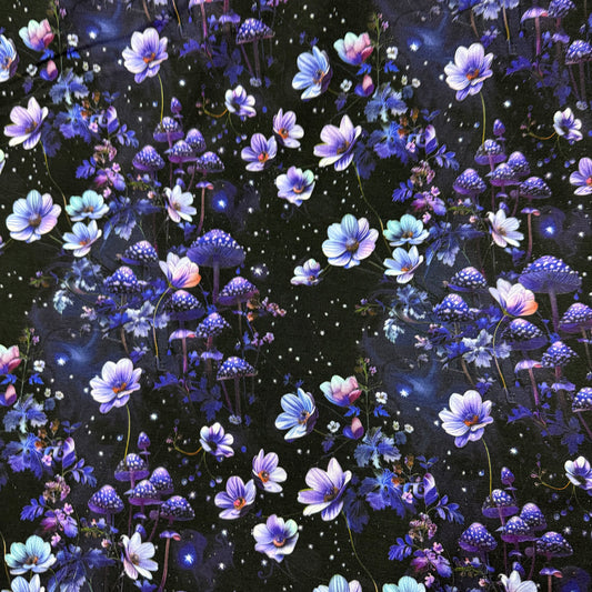Purple Starry Mushroom Garden on Organic Cotton Stretch French Terry Fabrics