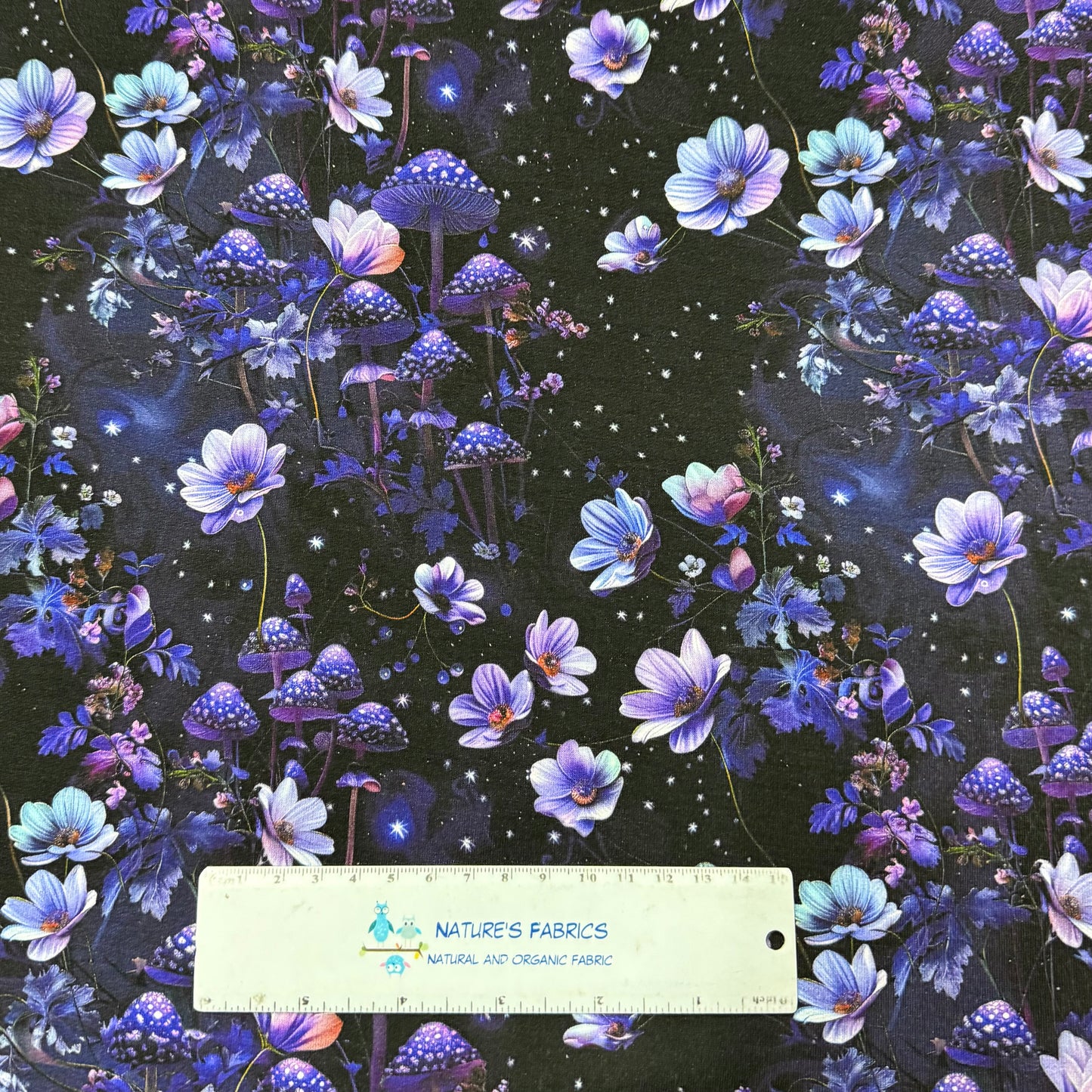 Purple Starry Mushroom Garden on Organic Cotton Stretch French Terry Fabrics