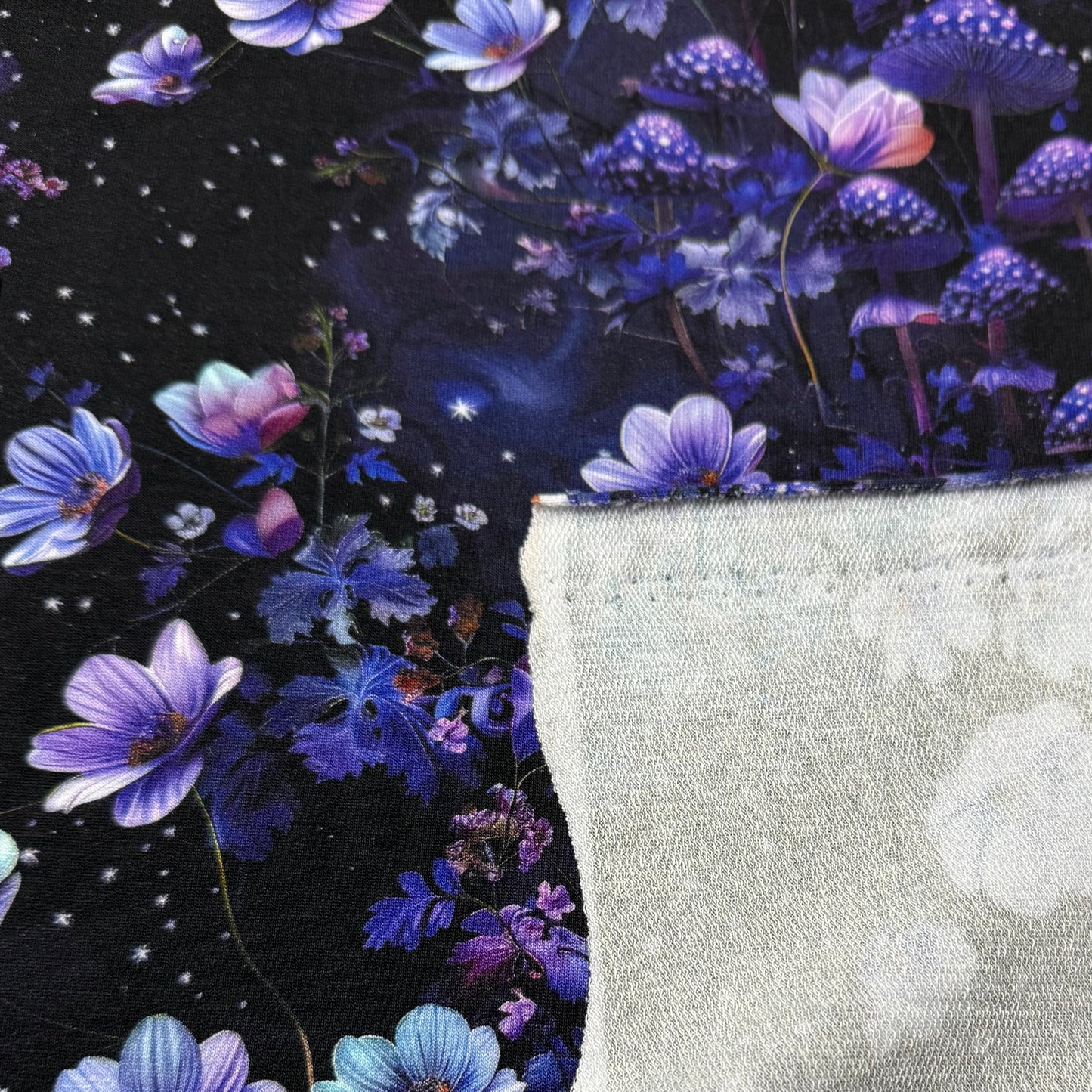Purple Starry Mushroom Garden on Organic Cotton Stretch French Terry Fabrics