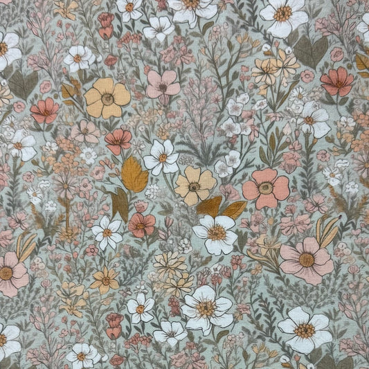 Flower Garden on Green Organic Cotton Stretch French Terry Fabrics