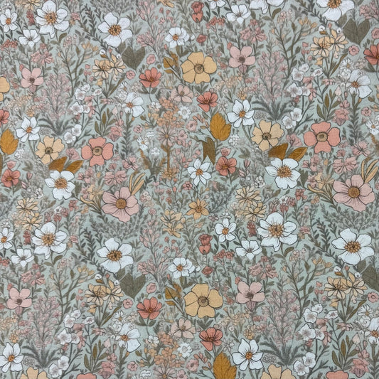 Flower Garden on Green Bamboo Stretch French Terry Fabric