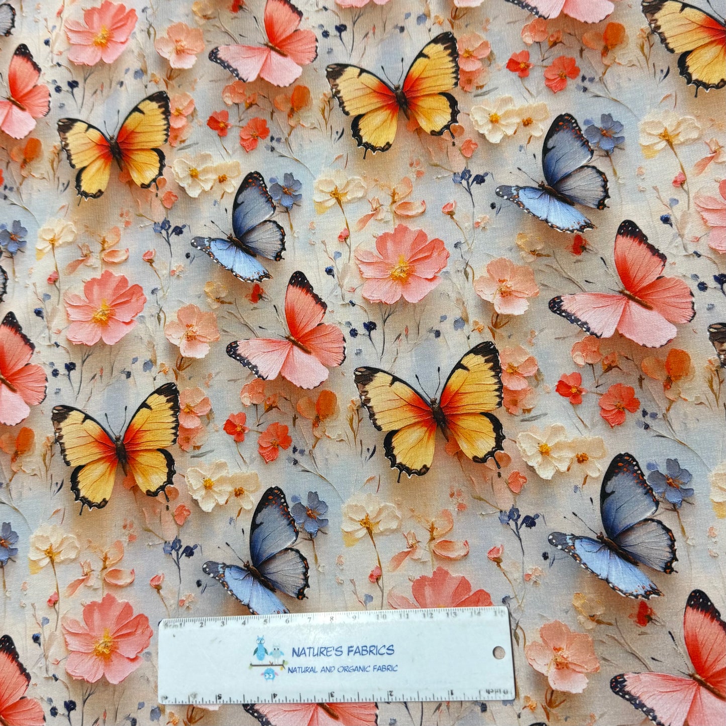 Butterflies and Flowers on Organic Cotton Stretch French Terry Fabrics