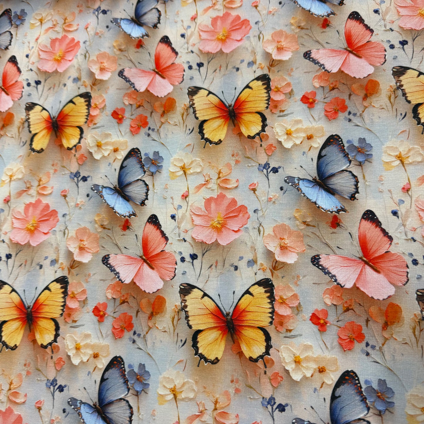 Butterflies and Flowers on Organic Cotton Stretch French Terry Fabrics