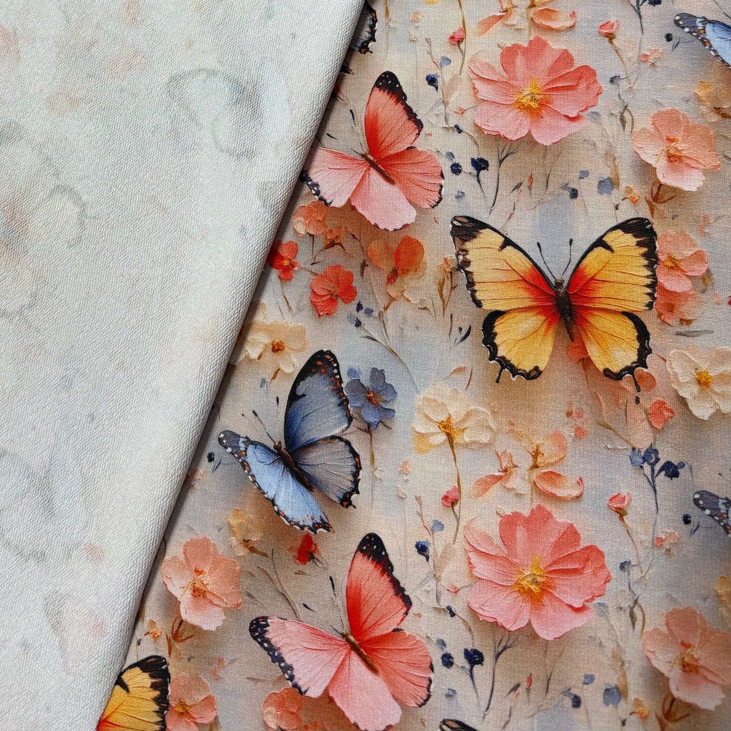 Butterflies and Flowers on Organic Cotton Stretch French Terry Fabrics