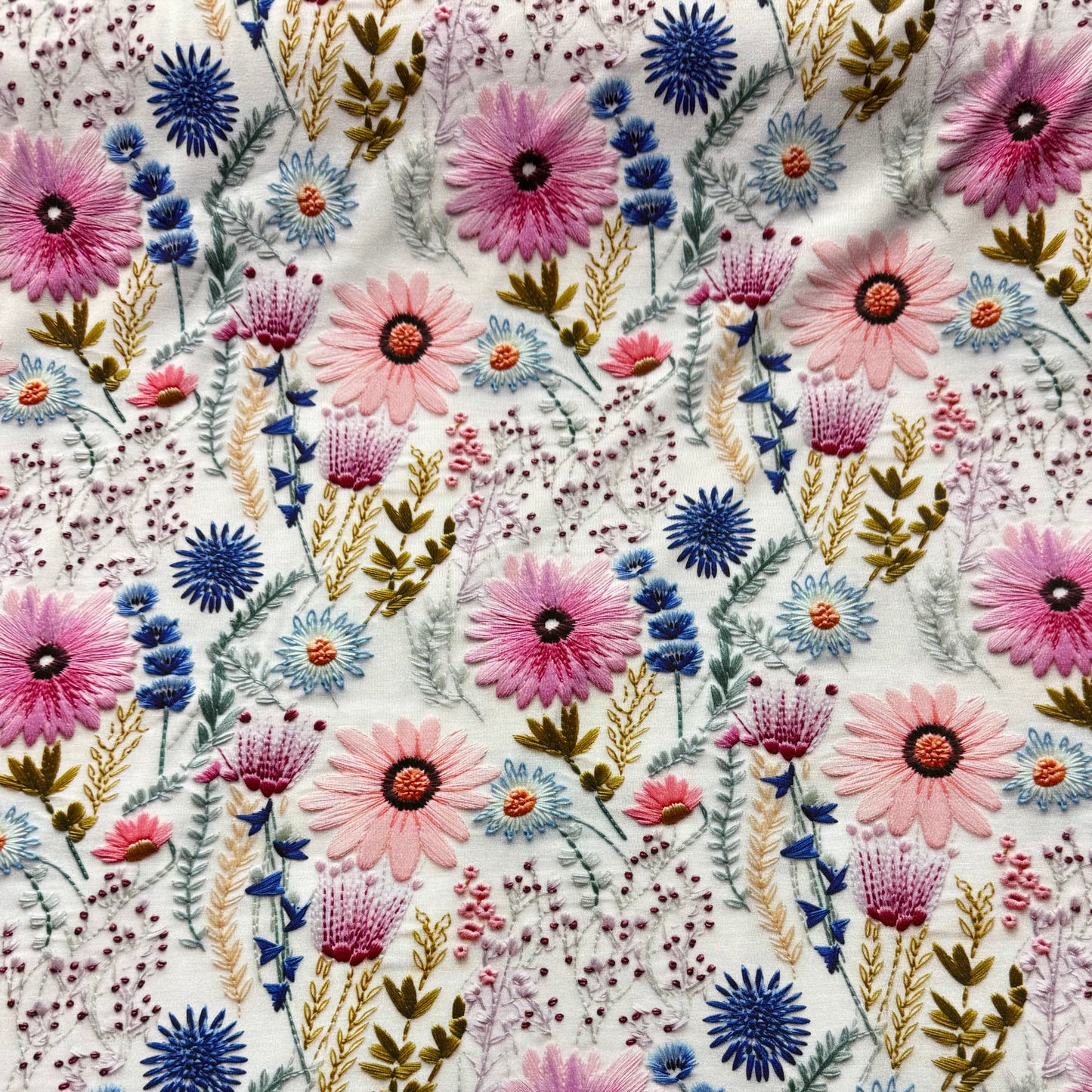 Pink Embroidered Daisies on Organic Cotton Stretch French Terry Fabric