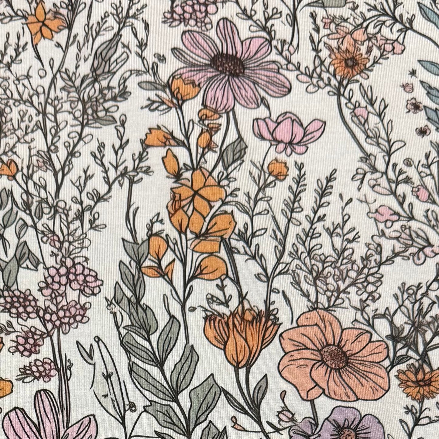 Sketched Wildflowers on Organic Cotton Stretch French Terry Fabric