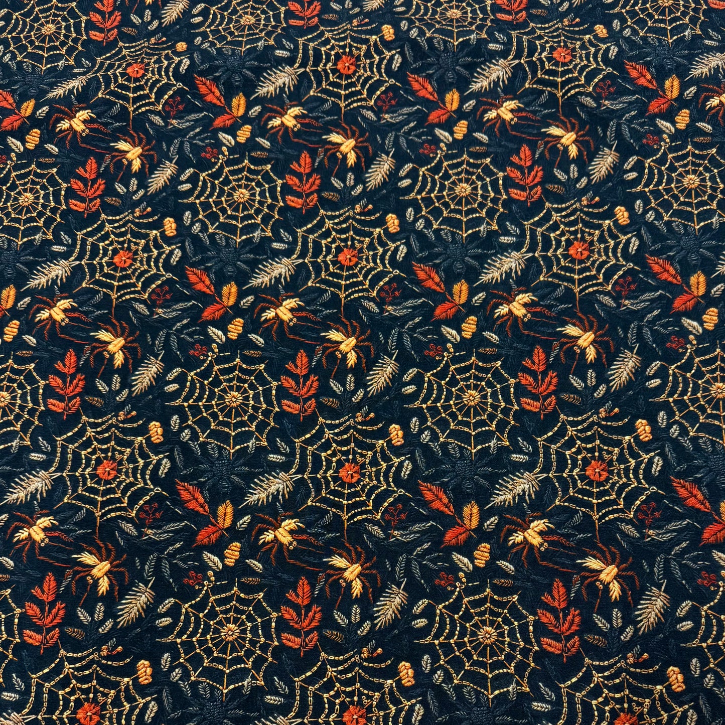 Embroidered Spiders and Webs on Organic Cotton/Spandex Jersey Fabric