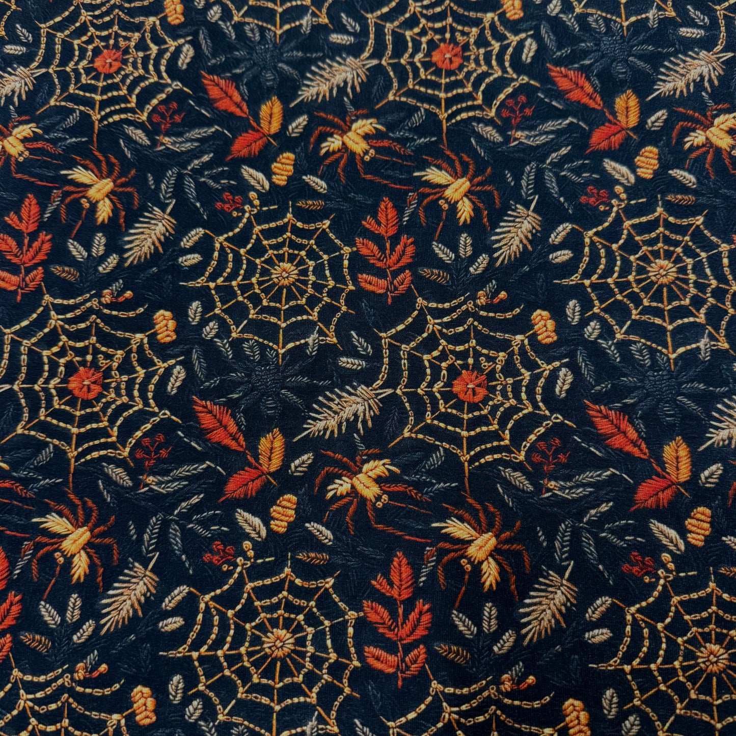 Embroidered Spiders and Webs on Organic Cotton/Spandex Jersey Fabric