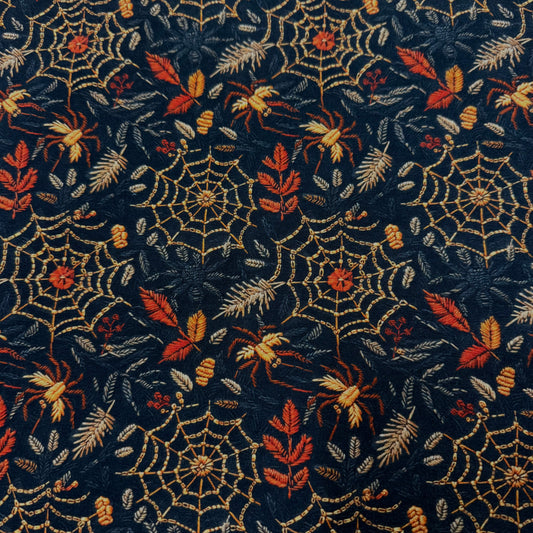 Embroidered Spiders and Webs on Bamboo/Spandex Jersey Fabric