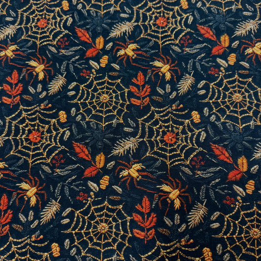 Embroidered Spiders and Webs on Organic Cotton/Spandex Jersey Fabric