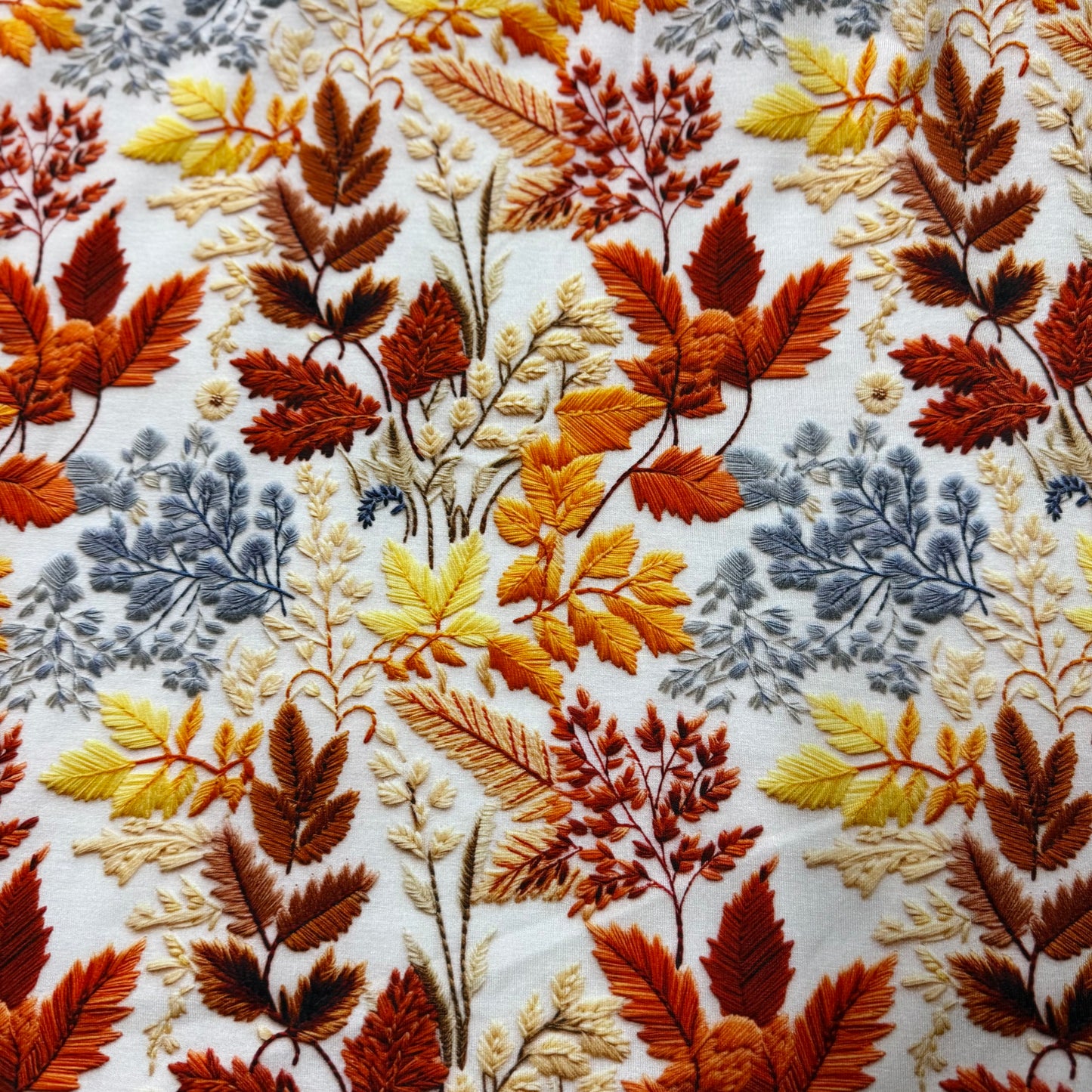 Embroidered Fall Leaves on Organic Cotton/Spandex Jersey Fabric