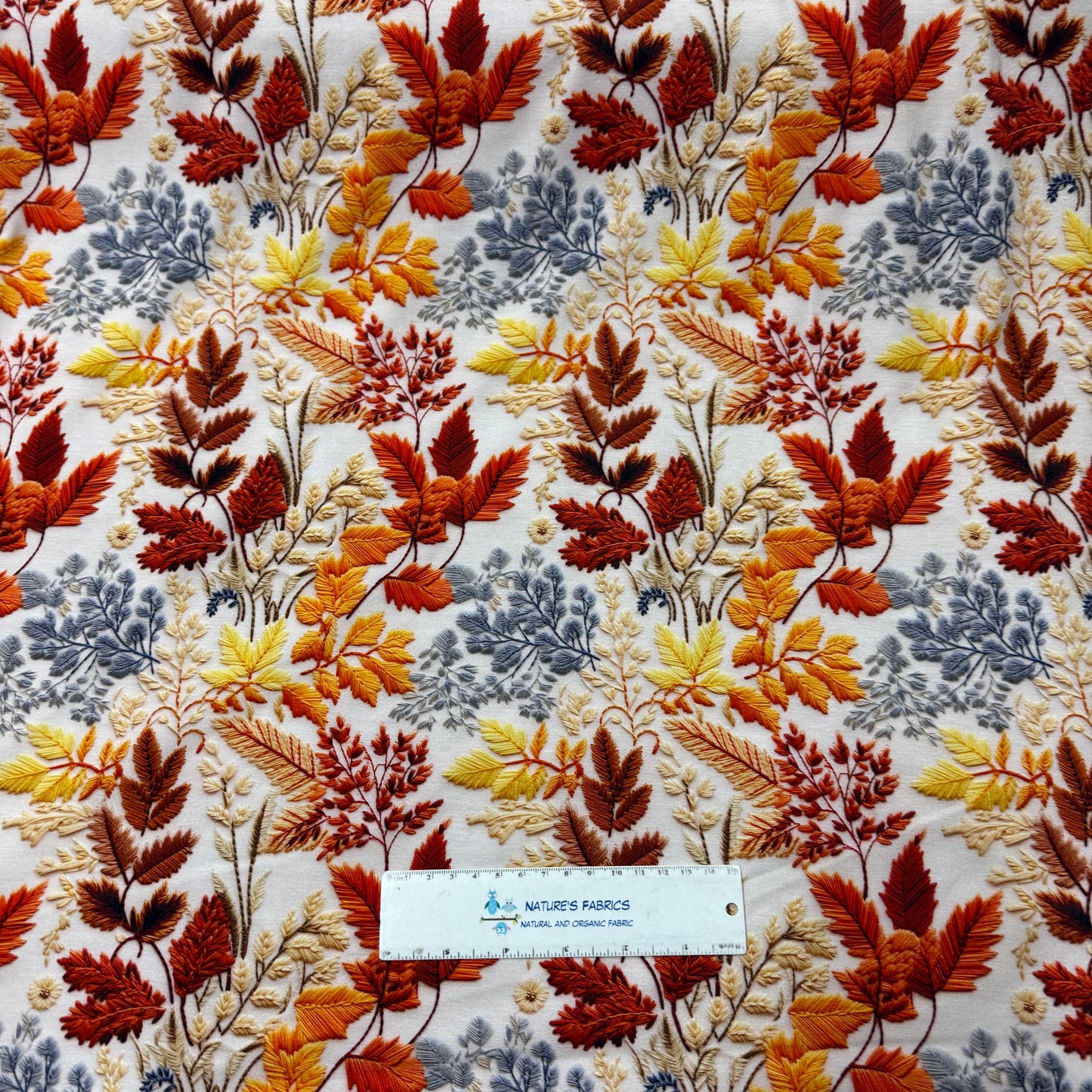 Embroidered Fall Leaves on Organic Cotton/Spandex Jersey Fabric