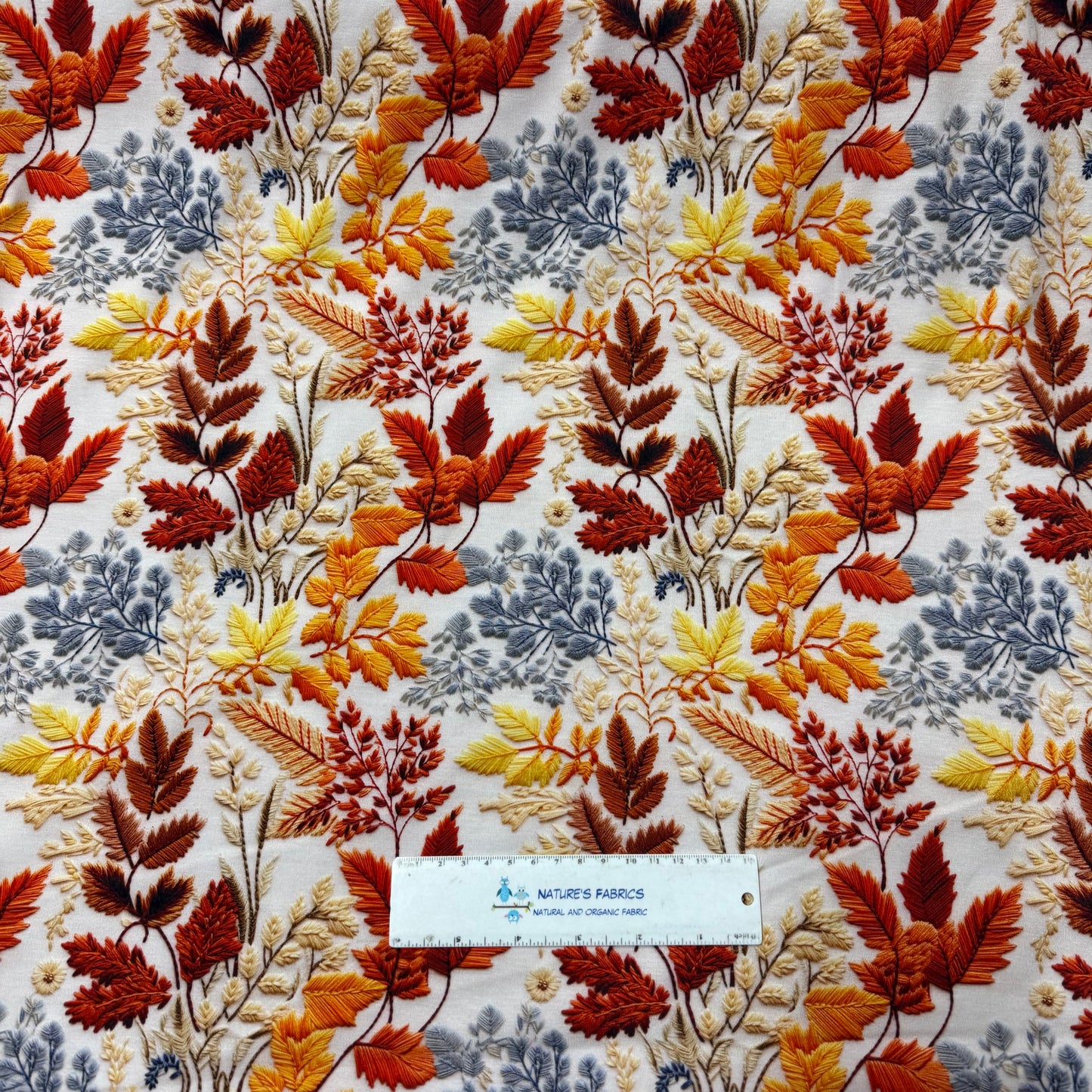 Embroidered Fall Leaves on Organic Cotton/Spandex Jersey Fabric