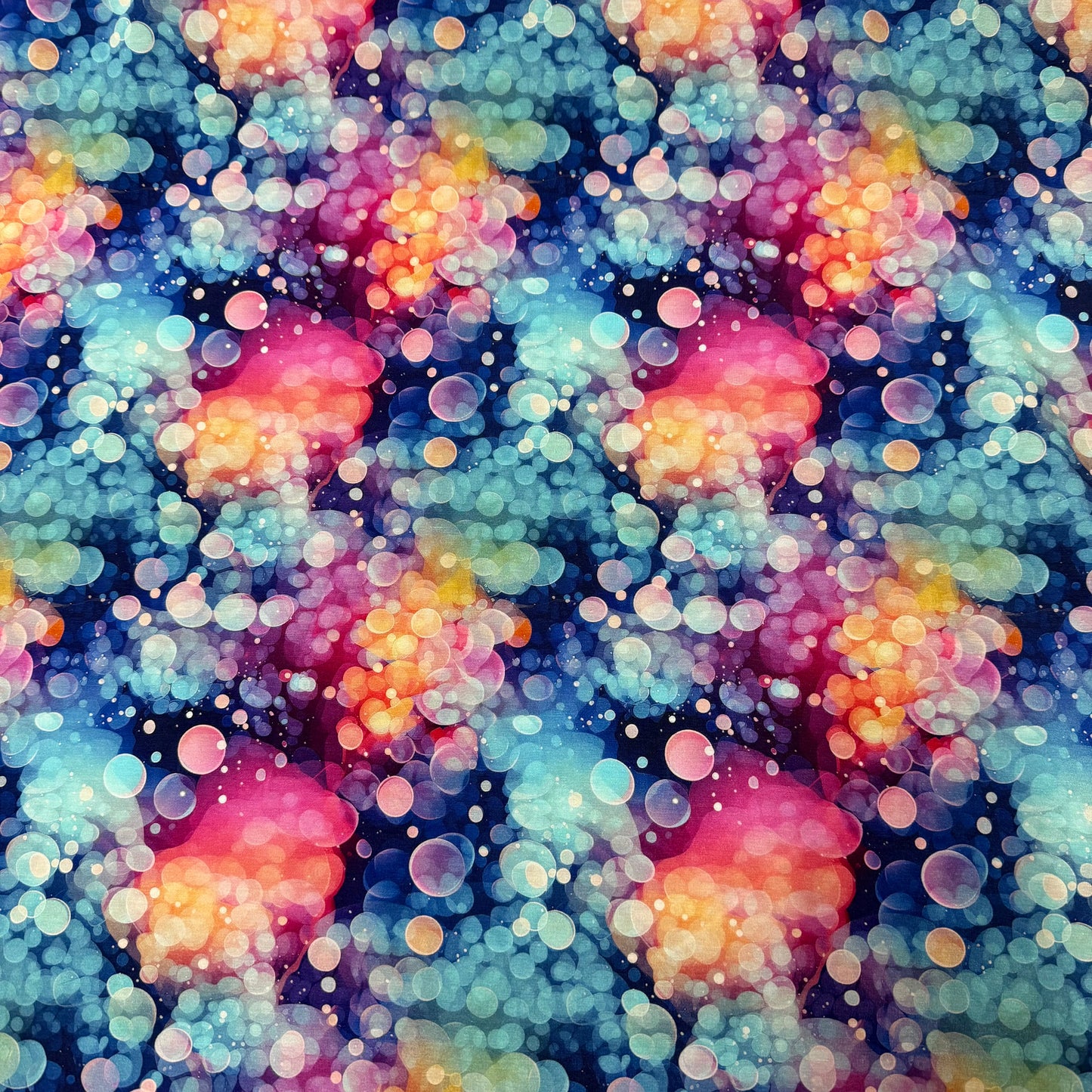 Rainbow Iridescent Bubbles on Organic Cotton/Spandex Jersey Fabric