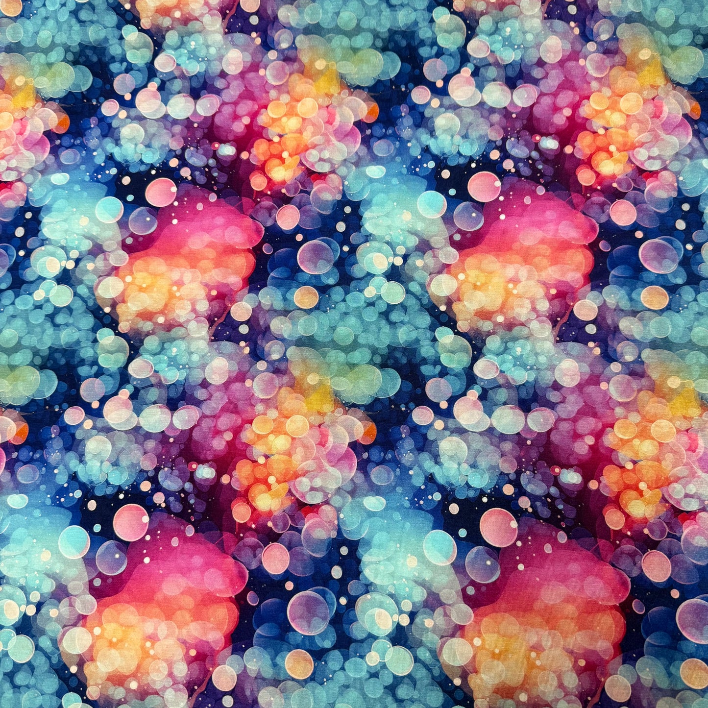 Rainbow Iridescent Bubbles on Organic Cotton/Spandex Jersey Fabric