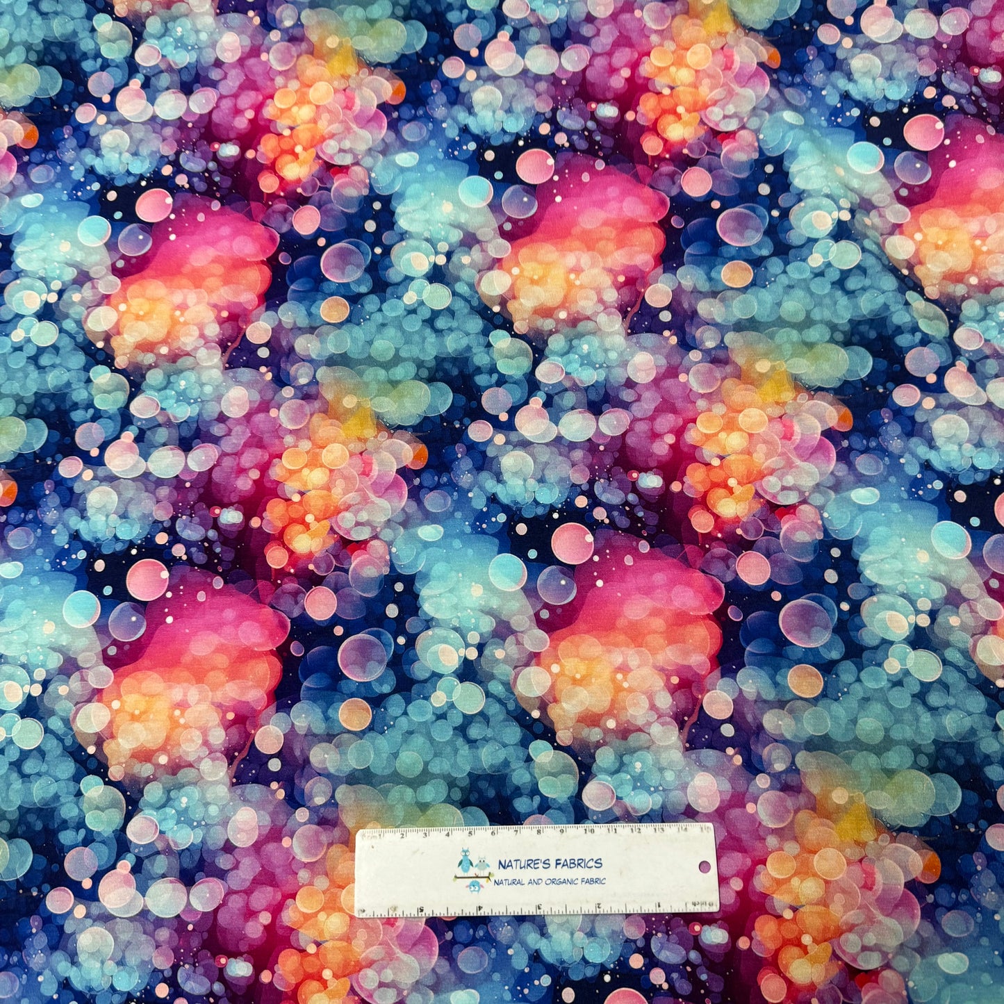 Rainbow Iridescent Bubbles on Organic Cotton/Spandex Jersey Fabric
