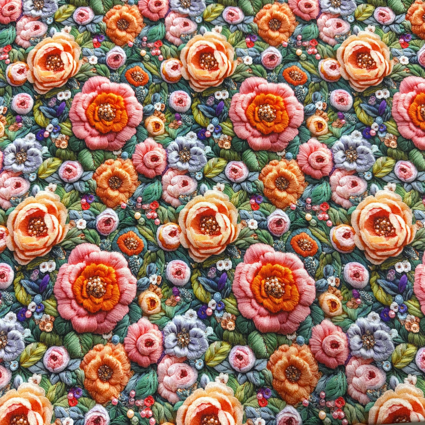 Embroidered Peach Flowers on Organic Cotton/Spandex Jersey Fabric