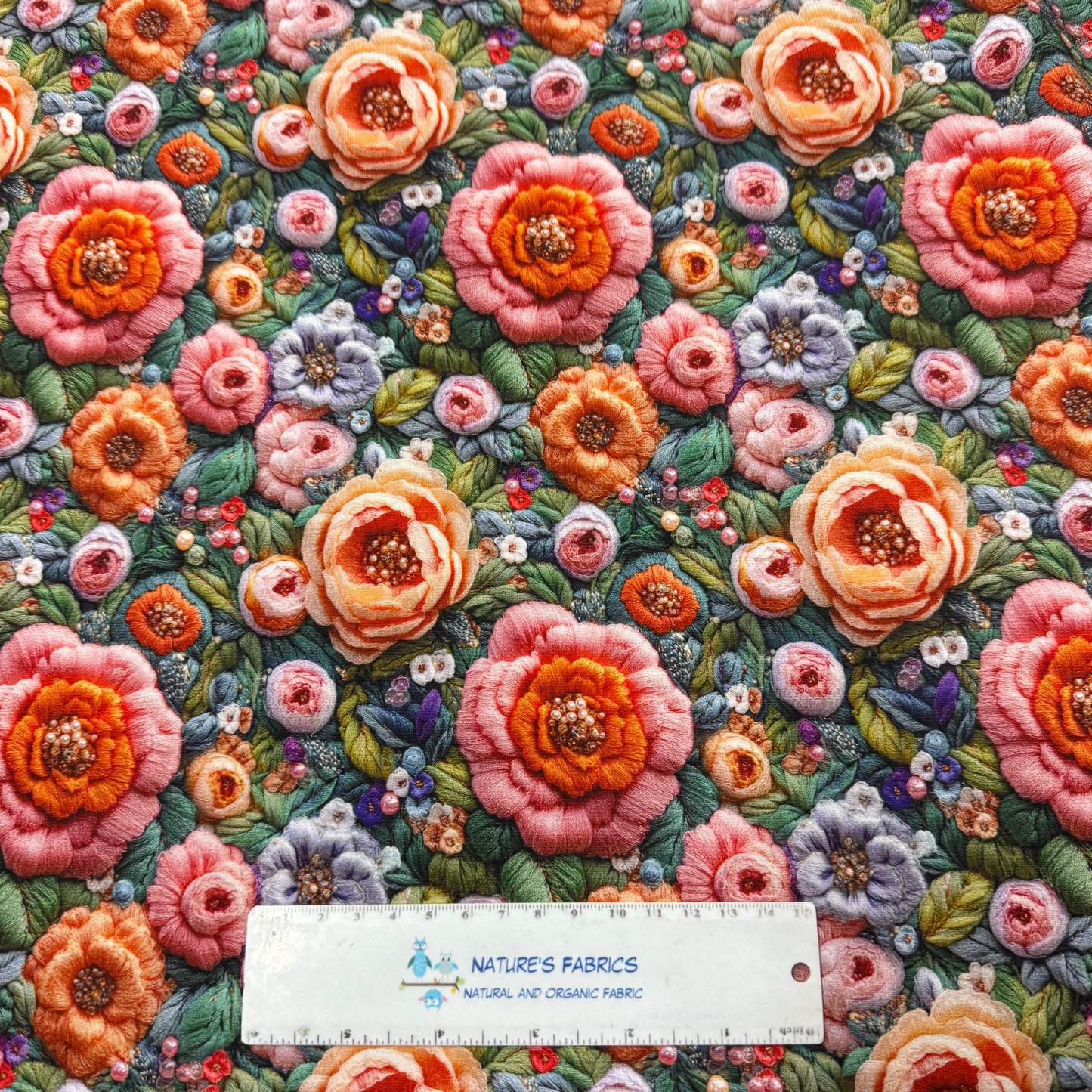 Embroidered Peach Flowers on Organic Cotton/Spandex Jersey Fabric