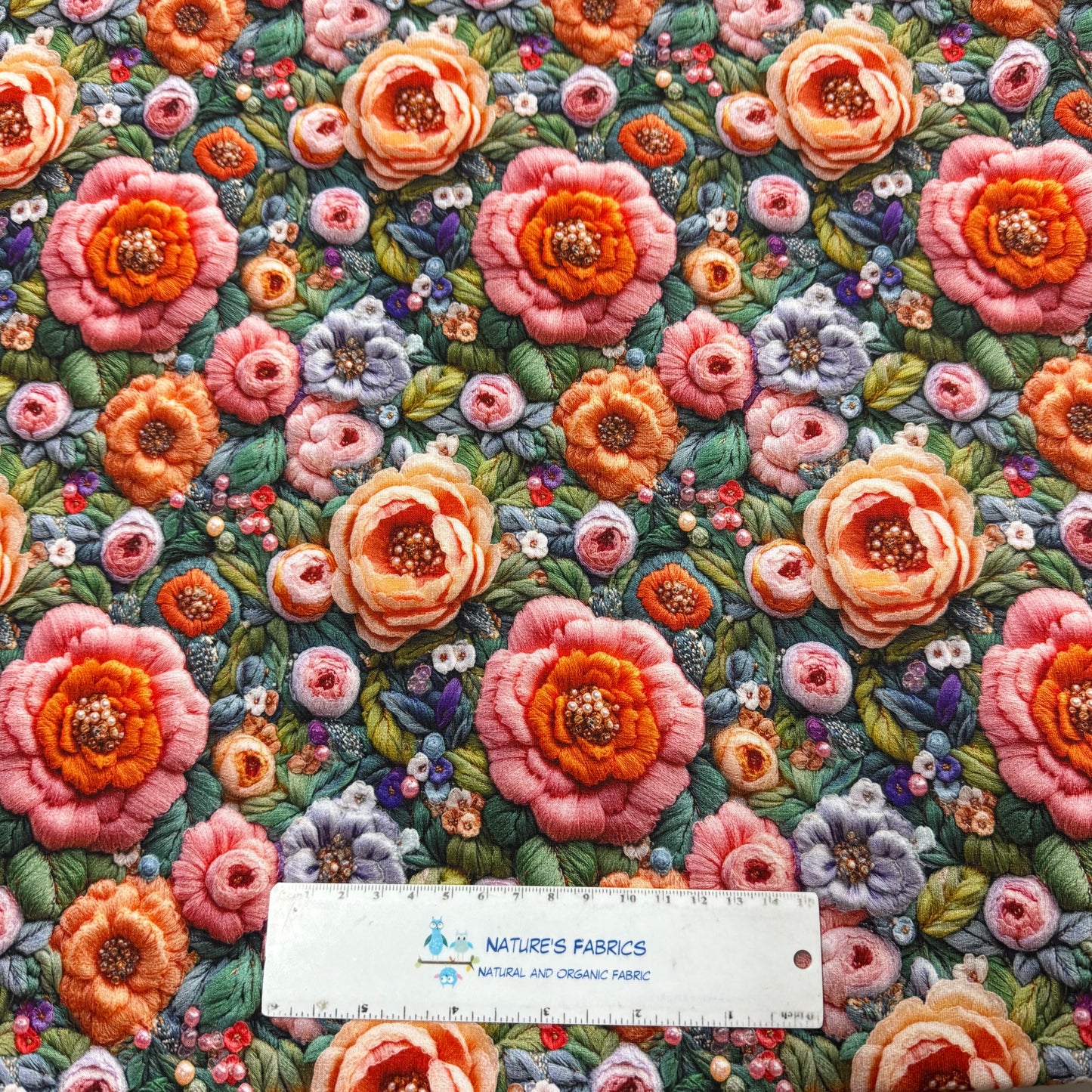 Embroidered Peach Flowers on Organic Cotton/Spandex Jersey Fabric