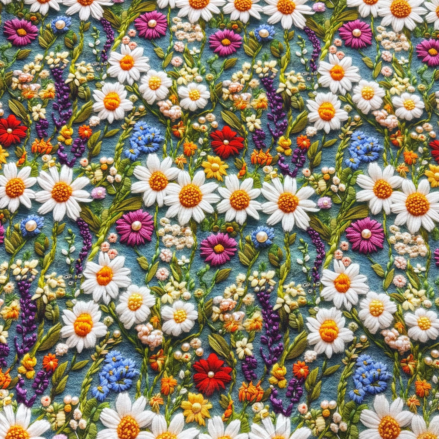 Embroidered Daisy Garden on Bamboo/Spandex Jersey Fabric