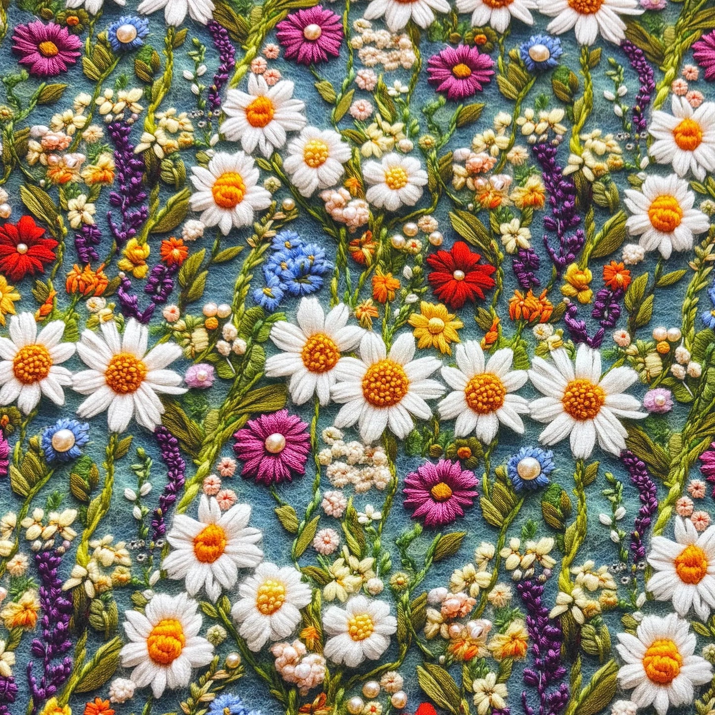 Embroidered Daisy Garden on Bamboo/Spandex Jersey Fabric