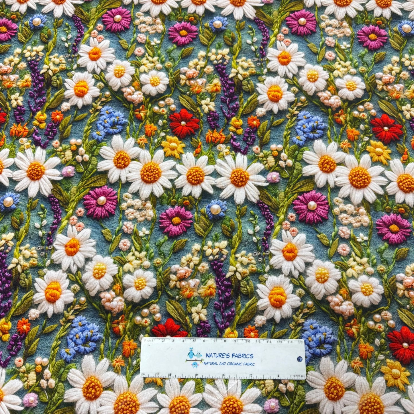 Embroidered Daisy Garden on Bamboo/Spandex Jersey Fabric