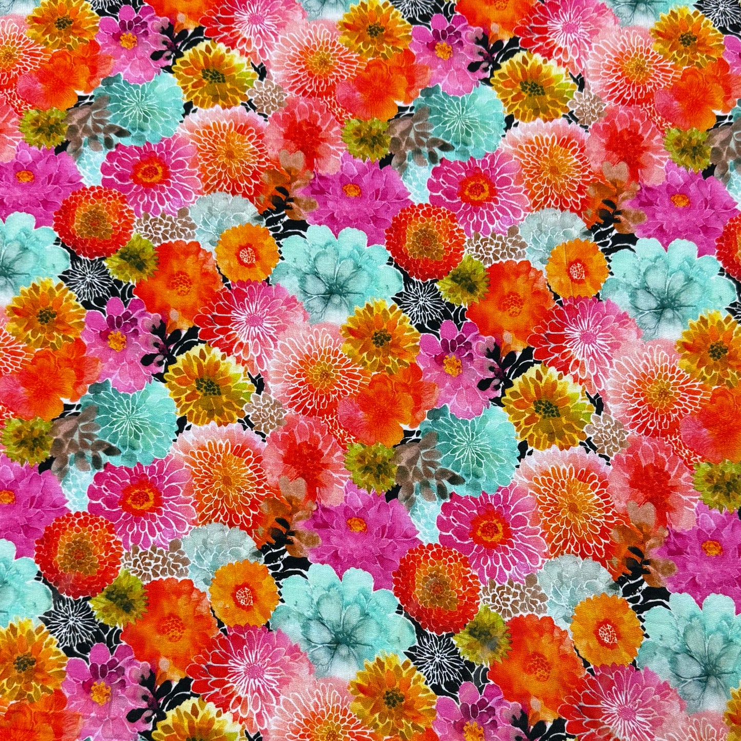 Vibrant Zinnias on Organic Cotton/Spandex Jersey Fabric