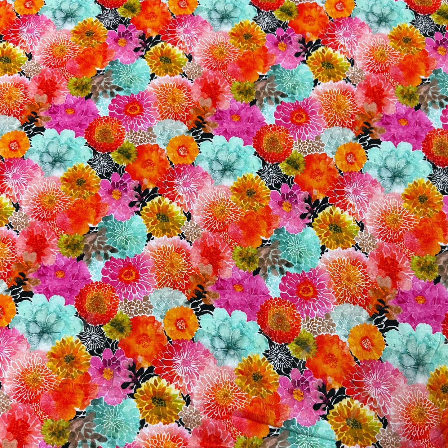 Vibrant Zinnias on Organic Cotton/Spandex Jersey Fabric